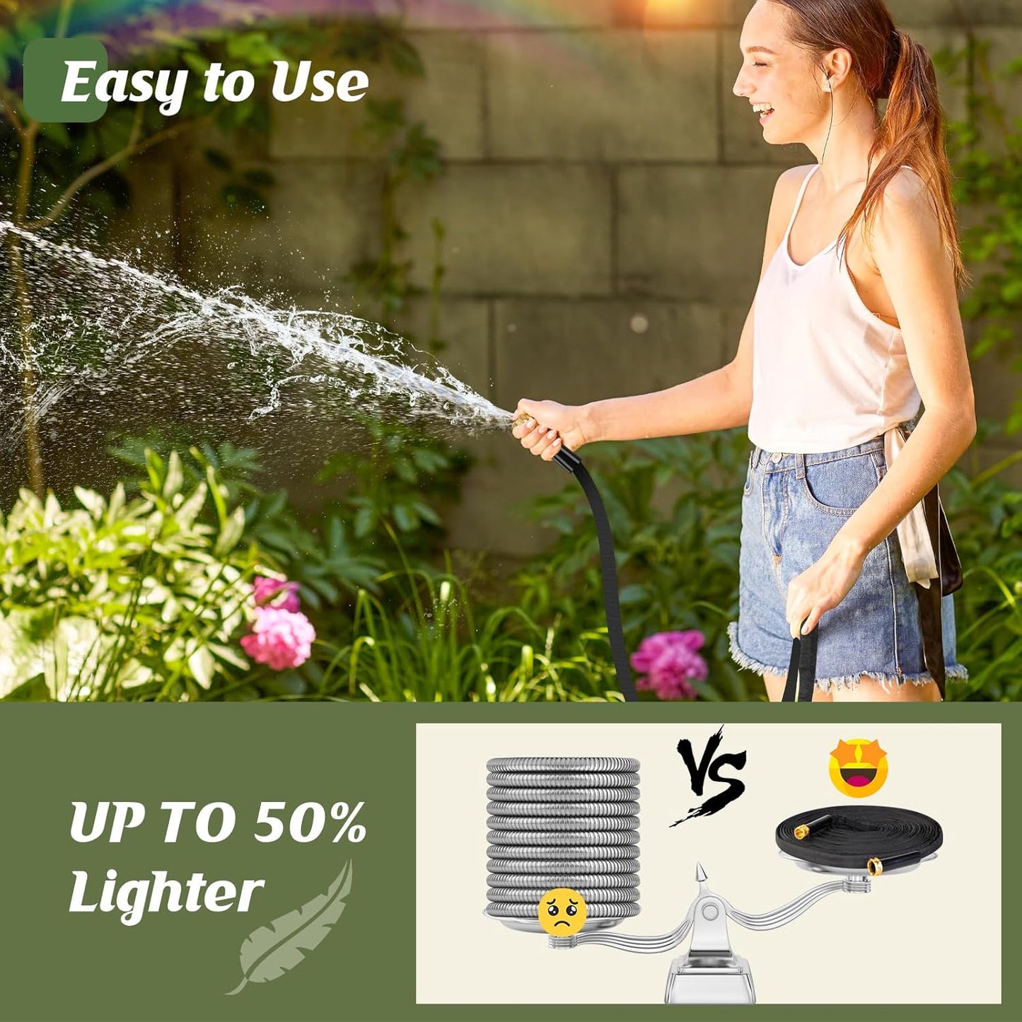 Non-Expanding Garden Hose 50FT, Lightweight & DurableWater Hose, No-Kink, Tough & Flexible Hose, Crush-Proof for Yard, Lawn, Outdoor, Car Wash, Marine and Camper