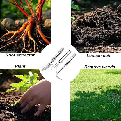 3 Pcs Stainless Steel Mini Garden Tools Set Small Tiny Shovel Trowel Root Extractor Hand Rake Indoor Outdoor Gardening Tools for Pot Plants Succulent Bonsai