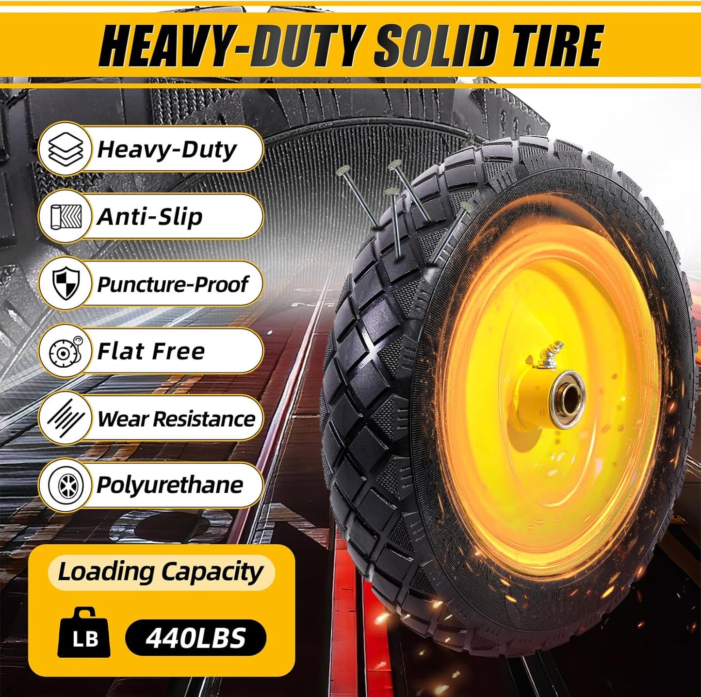 MZREXN 4.80/4.00-8" Flat Free Tire and Wheel, 15" Solid Wheelbarrow Tires, 3.00-4.00/4.80-8" with 5/8" & 3/4" Bearings, 3" Centered Hub for Hand Truck Garden Trailers Utility Cart Yard Wagon Yellow