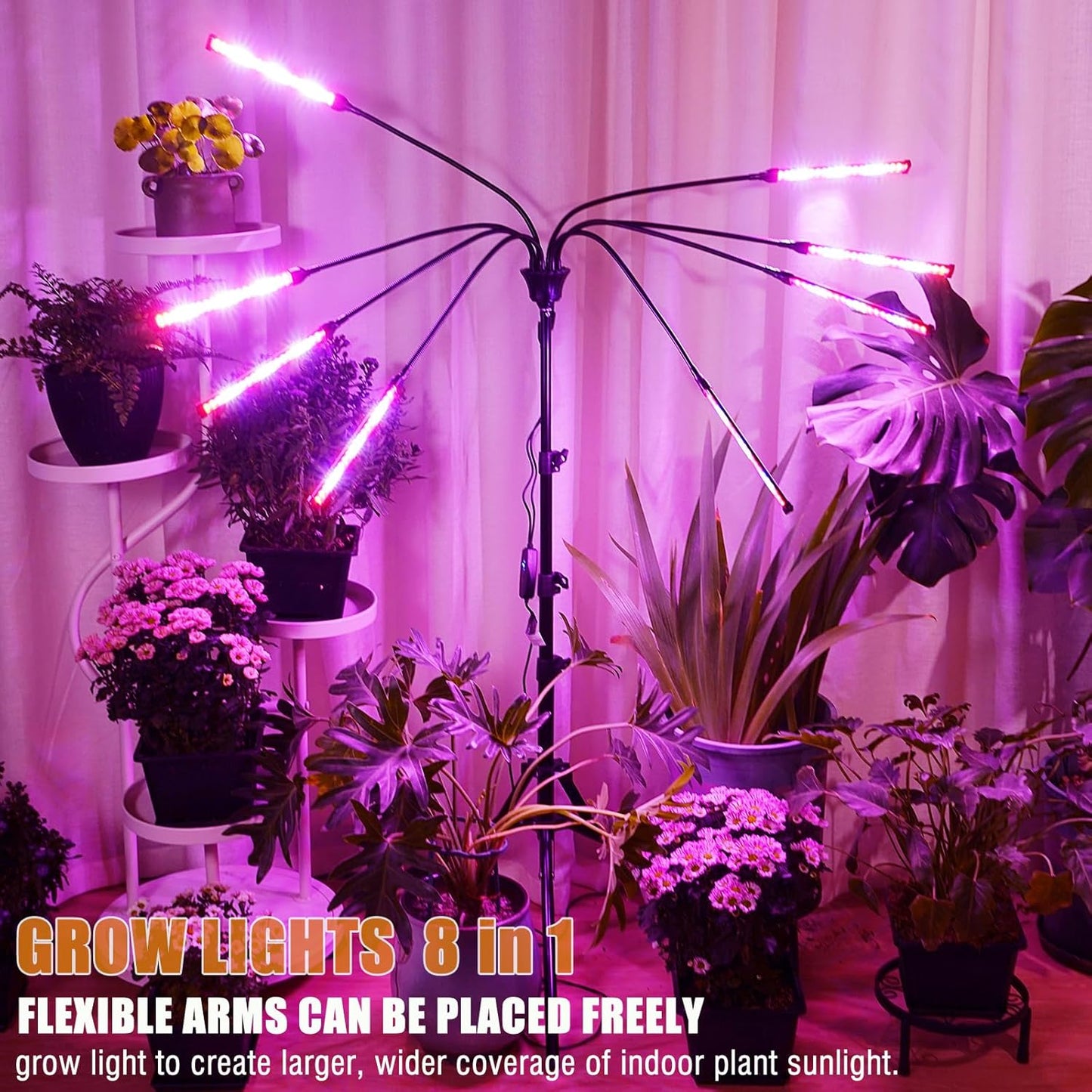 Grow Lights for Indoor Plants Full Spectrum with Stand and Timer, (Red+Blue+White) 8 Heads LED Plant Lights for Indoor Growing, Standing Floor House Plant Lamp for Seed Starting.