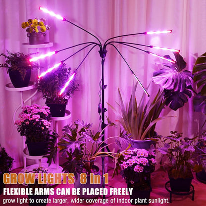 Grow Lights for Indoor Plants Full Spectrum with Stand and Timer, (Red+Blue+White) 8 Heads LED Plant Lights for Indoor Growing, Standing Floor House Plant Lamp for Seed Starting.