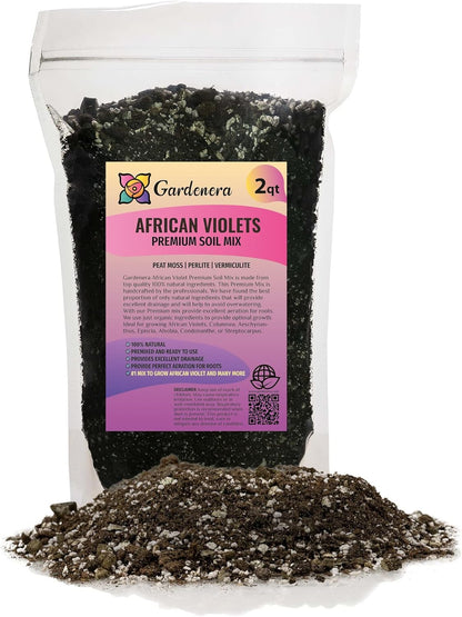 Gardenera African Violets and Gesneriad Premium Soil Mix - Horticultural Perlite (25%) + Vermiculite (25%) + Sphagnum Peat Moss (50%) - Made in USA - (2 Quart Bag)
