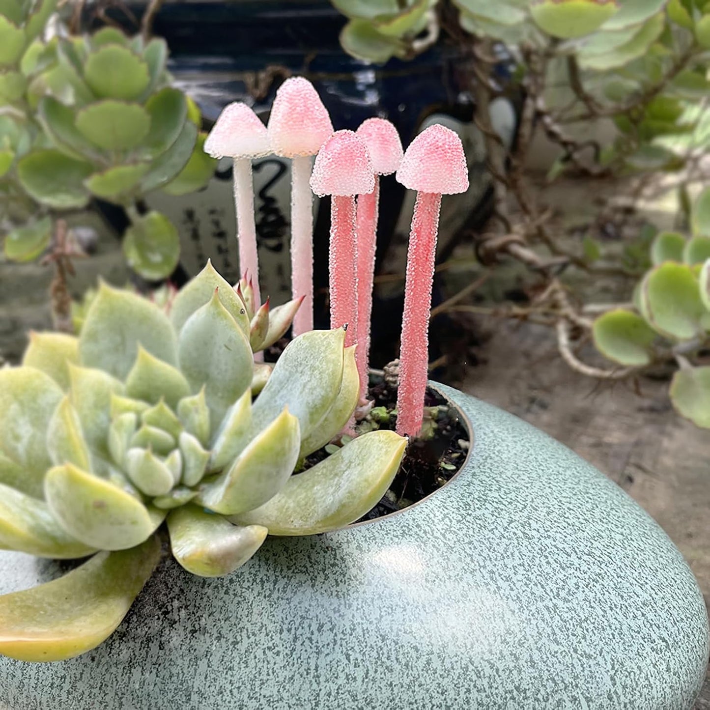 Handmade Glittery Pink Resin Clay Mini Mushrooms - 8Pcs Fairy Garden Decor with Frosted Beads, Miniature Terrarium Ornaments & Desk Plant Accessories Holiday Ornaments & Desktop Decorations