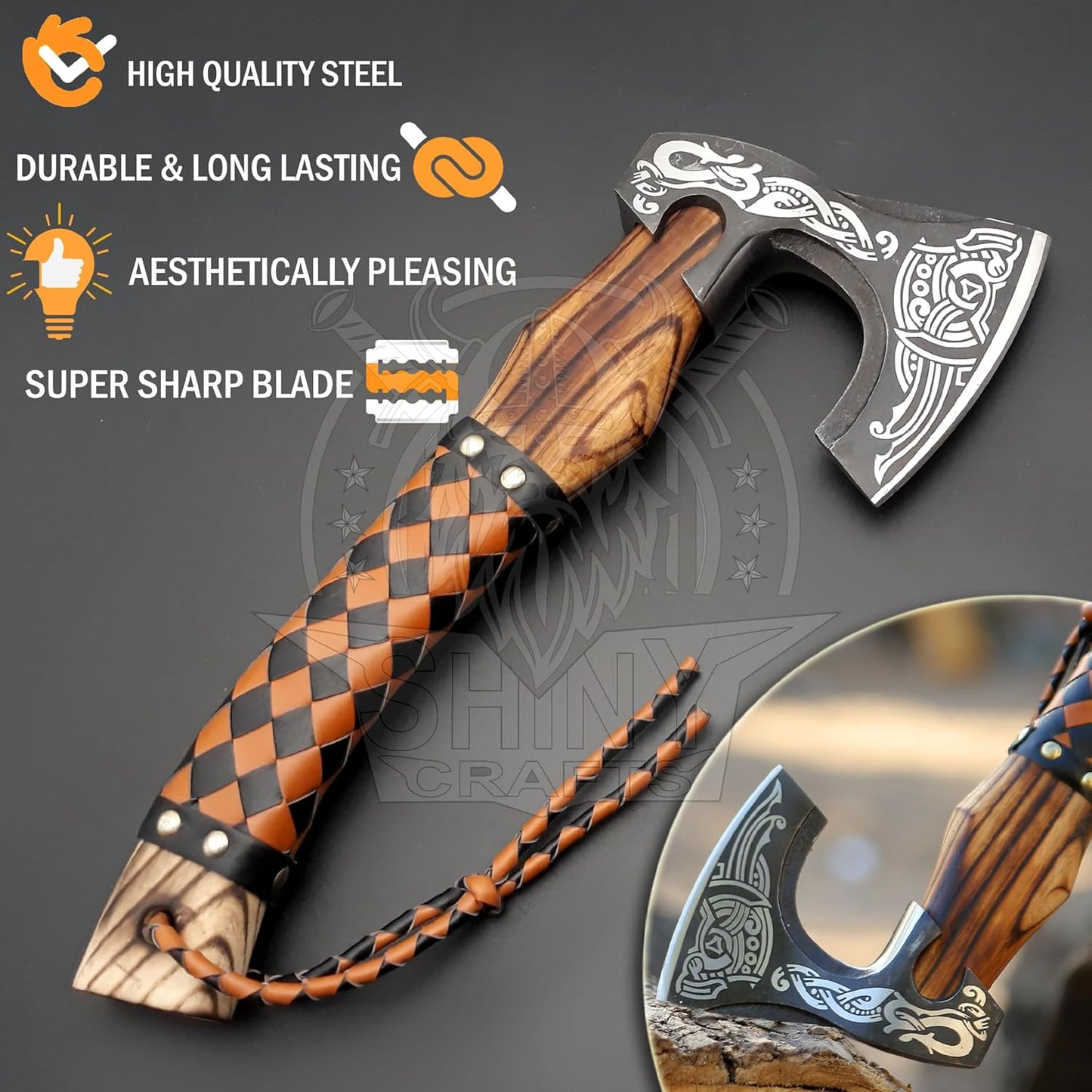 SHINY CRAFTS®- Handmade Viking Axe – Unique Gift for Him Engraved Carbon Steel Hatchet with Leather Sheath for Dad, Husband, Outdoorsman (SCA-03)