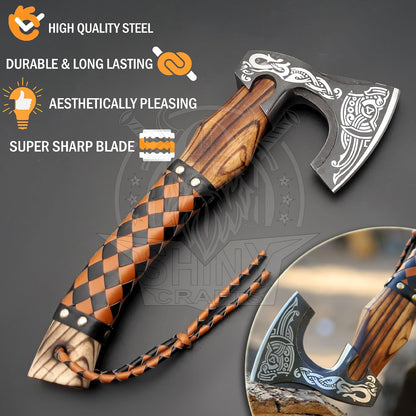 SHINY CRAFTS®- Handmade Viking Axe – Unique Gift for Him Engraved Carbon Steel Hatchet with Leather Sheath for Dad, Husband, Outdoorsman (SCA-03)