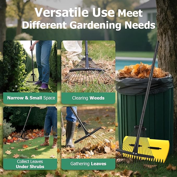 Extra Wide 22-Tines Adjustable Leaf Rake & Leaf Scoops Set, 12"-22" Width Adjustable Metal Garden Lawn Rake for Leaves, Heavy Duty & Lightweight for Flower Bed/Under Shrub/Pine Needle & Narrow Space