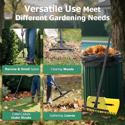 Extra Wide 22-Tines Adjustable Leaf Rake & Leaf Scoops Set, 12"-22" Width Adjustable Metal Garden Lawn Rake for Leaves, Heavy Duty & Lightweight for Flower Bed/Under Shrub/Pine Needle & Narrow Space