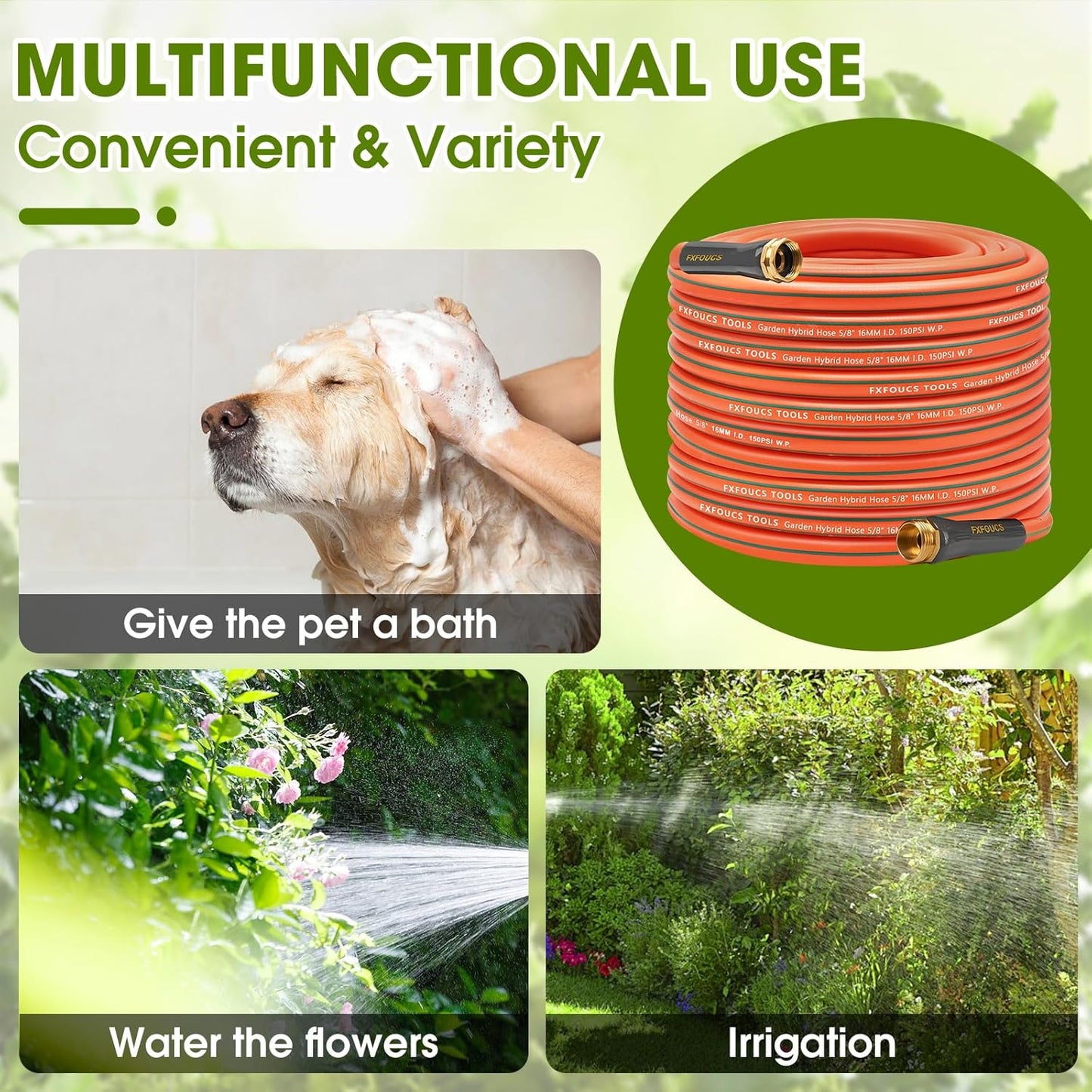 Heavy Duty Garden Hose – 5/8 Inch Flexible, Lightweight Hybrid Hose with 600 PSI Burst Pressure, Swivel Handle, and Durable Copper Male/Female Fittings (Orange, 100FT)