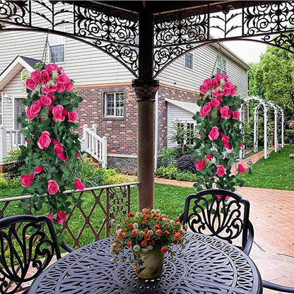 RECUTMS Artificial Rose 4Packs Fake Hanging Flower Faux Ivy Vine Plants for Home Window Garden Office Patio Planter Pathway Front Porch (Rose Red)