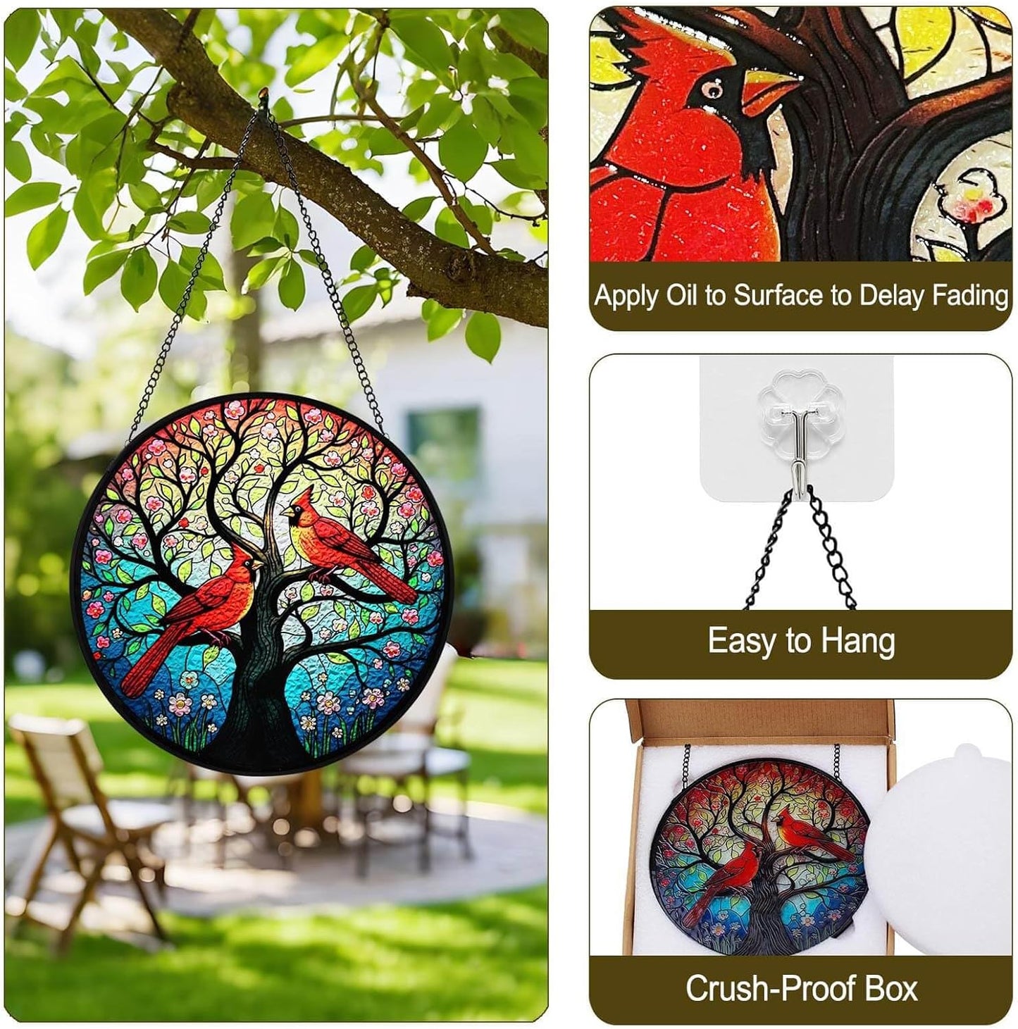 Sun Catcher Indoor Window with Tree of Life & Cardinals - 7.87" Round Stained Glass Suncatchers for Windows Hanging, Red Bird Stain Glass Art Panel for Wall/Garden Decor, Cardinal Gifts for Women