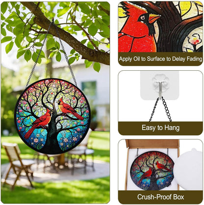 Sun Catcher Indoor Window with Tree of Life & Cardinals - 7.87" Round Stained Glass Suncatchers for Windows Hanging, Red Bird Stain Glass Art Panel for Wall/Garden Decor, Cardinal Gifts for Women