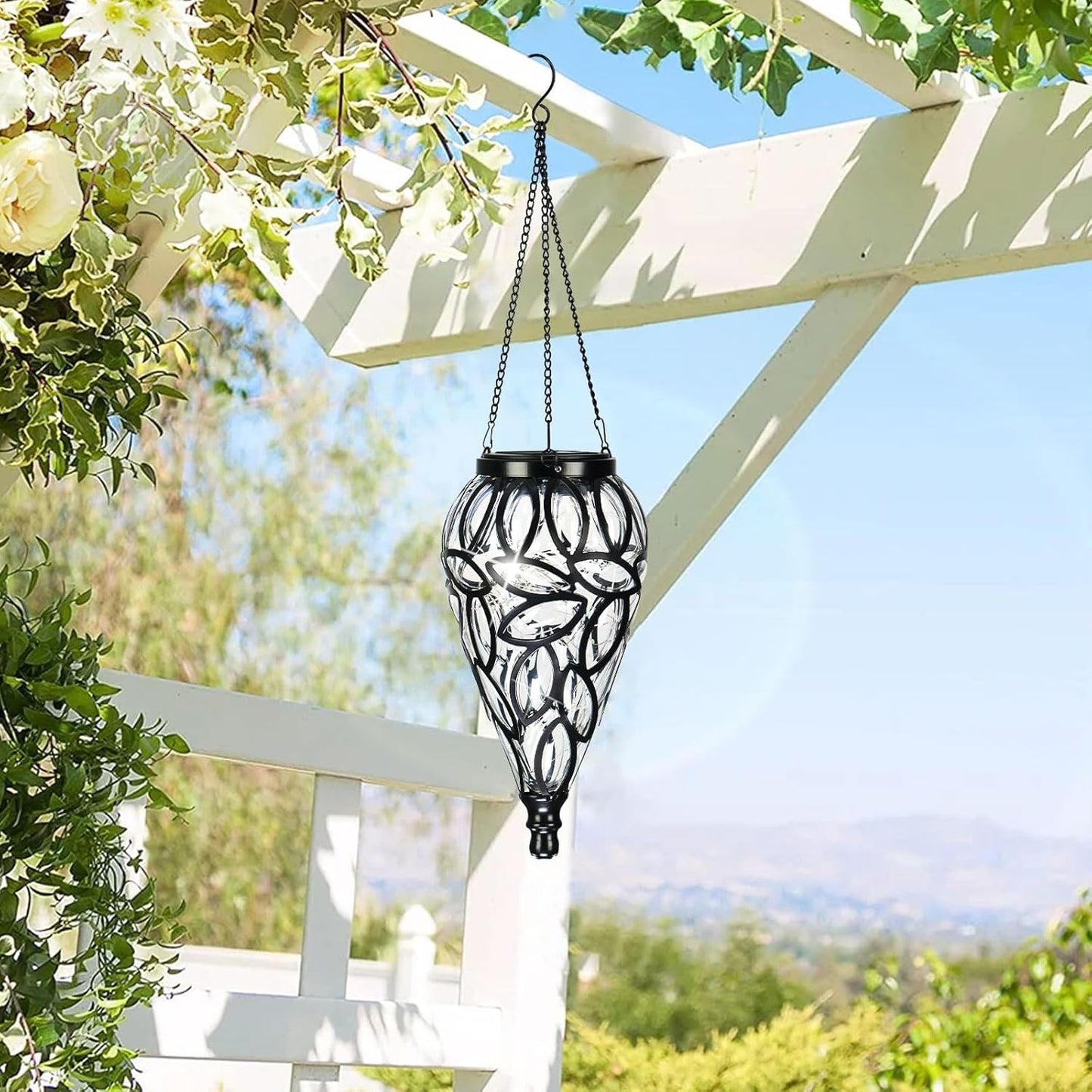 LEWIS&WAYNE Solar Hanging Lantern Outdoor Lights, Tear-Shaped 15 LEDs Cool White Hanging Lights with S Hooks Decor in Garden, Yard, Pathway, Front Door and Landscape