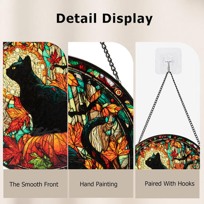 Stained Glass Window Hanging, Halloween Decorations Black Cat Maple Leaf Suncatcher for Doors Garden Indoor Funny Spooky Sun Catchers Gothic Decor for Women, Men, and Mom 8 in