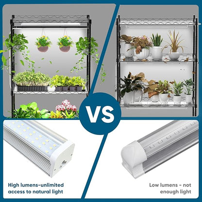 Plant Shelf with Grow Light, 4-Tier Metal Grow Light Shelf with Hanging Rod and Adjustable Rack,3-Pack 6000K T12 LED Full Spectrum Grow Lights for Seed Starting, Succulents, Built-in Timer
