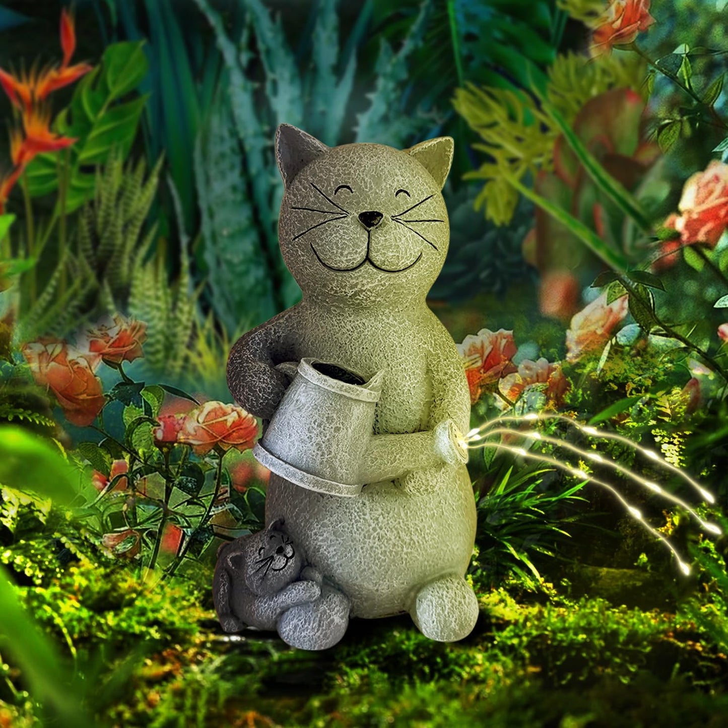 Solar Cat Outdoor Statue and Figurine Lights, Loving Cat for Patio, Balcony, Yard, Lawn-Unique Housewarming Gift for Mom Grandma
