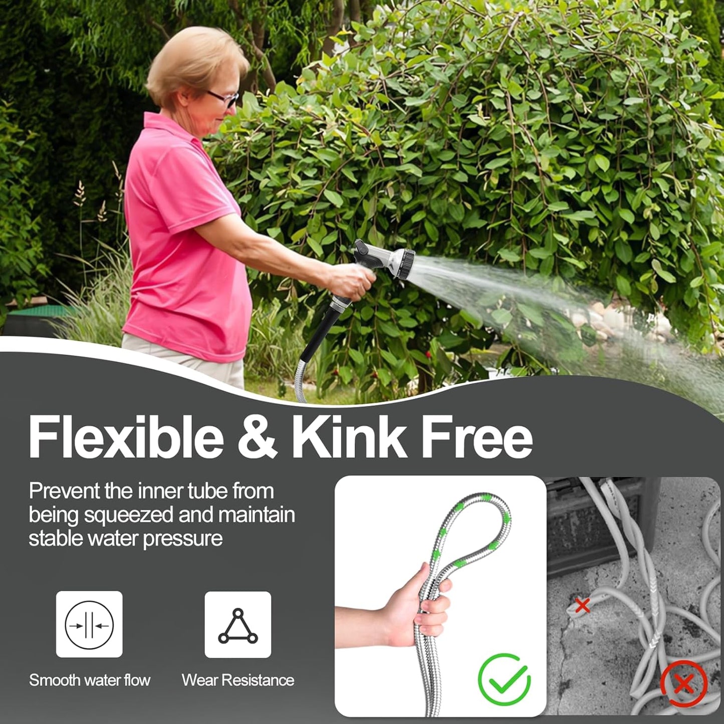 SPECILITE 175ft 304 Stainless Steel Garden Hose Metal, Heavy Duty Water Pipe with Nozzles for Yard, Outdoor - Flexible, Never Kink & Tangle, Puncture Resistant (Sliver)