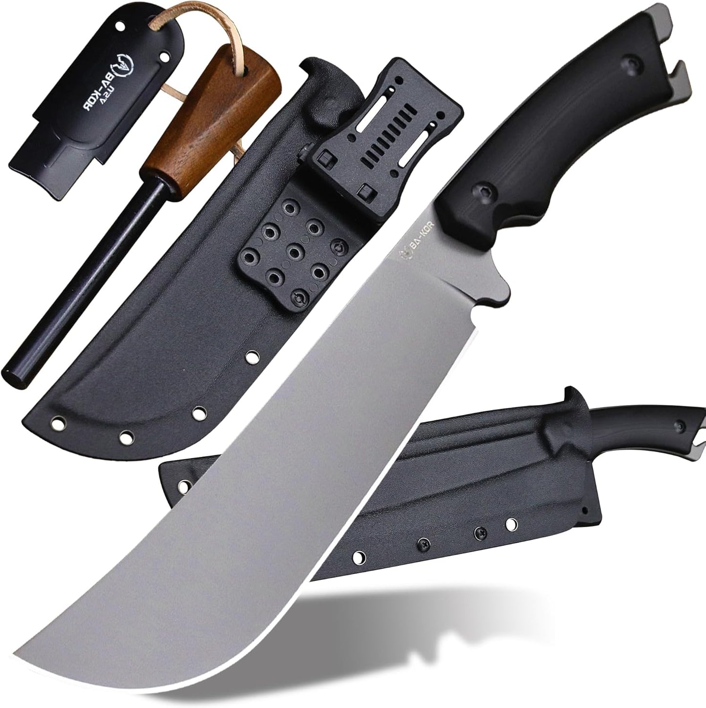 BA-KOR 5MM Full Tang (9CR18MOV) steel 14.1-inch chopping knife+K sheath&5.9-inch cerium igniter can be used for outdoor hunting, camping, obstacle removal, barbecue, fishing, kitchen cutting EDC， Gift giving