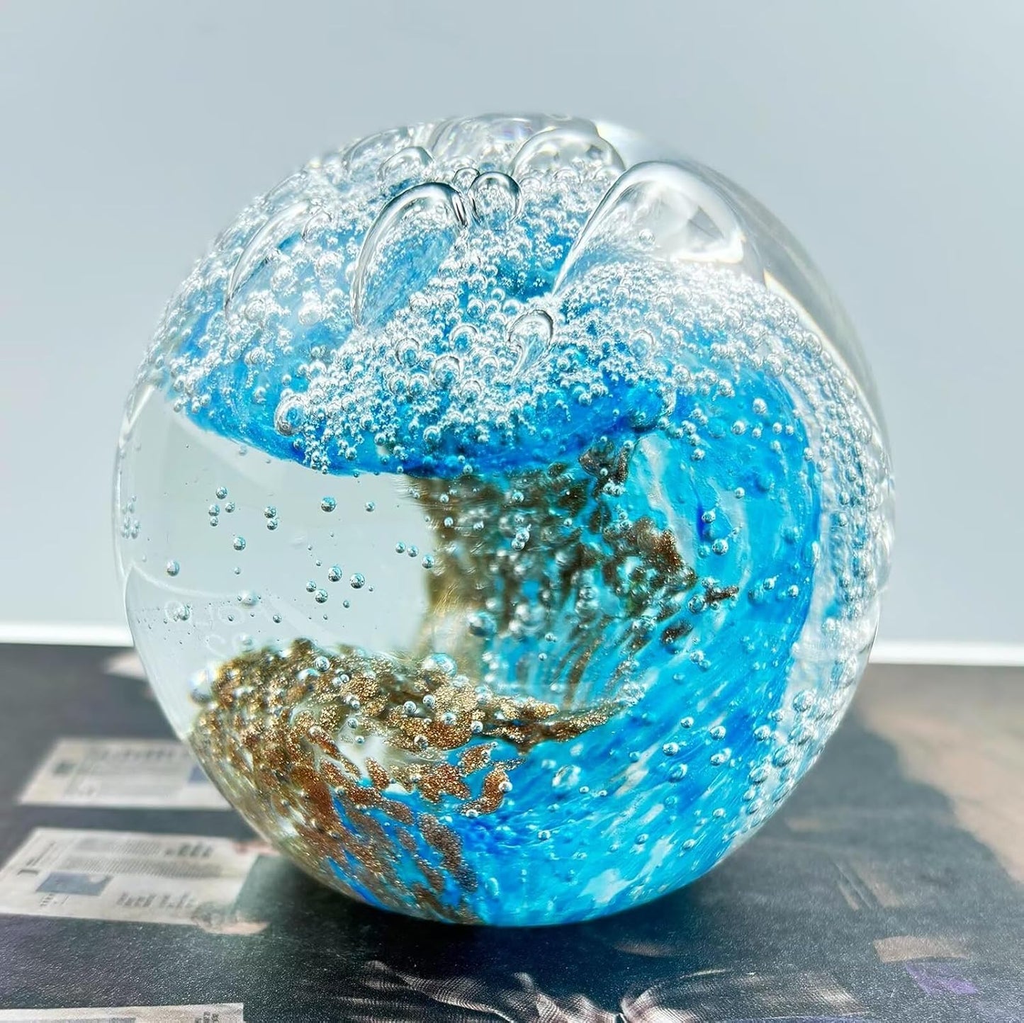 Decorative Crystal Ball Figurines Ocean Waves Paperweight Blown Glass Decor Sea Art Ocean Lovers Gift Blue Amber 3.15"