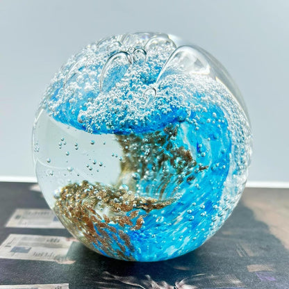 Decorative Crystal Ball Figurines Ocean Waves Paperweight Blown Glass Decor Sea Art Ocean Lovers Gift Blue Amber 3.15"