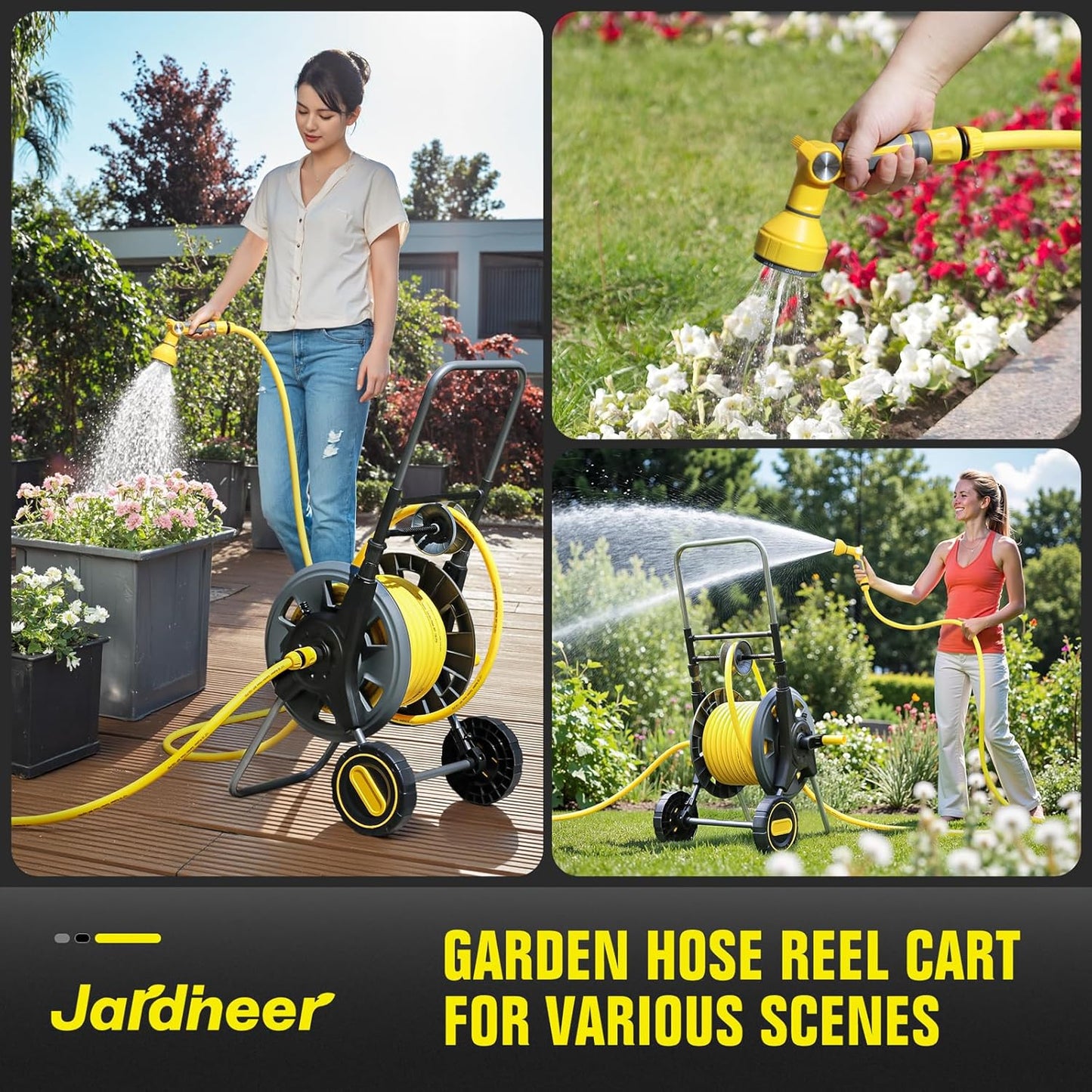 Jardineer Hose Reel Cart with Wheels, Include 100FT Water Hose and Sprayer Nozzle, Portable Garden Hose Set for Watering Flowers, Cleaning Floors, Washing Cars Outside