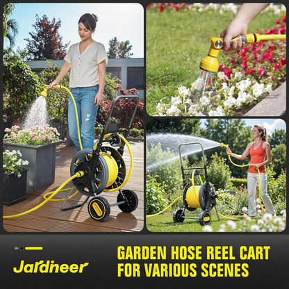 Jardineer Hose Reel Cart with Wheels, Include 100FT Water Hose and Sprayer Nozzle, Portable Garden Hose Set for Watering Flowers, Cleaning Floors, Washing Cars Outside