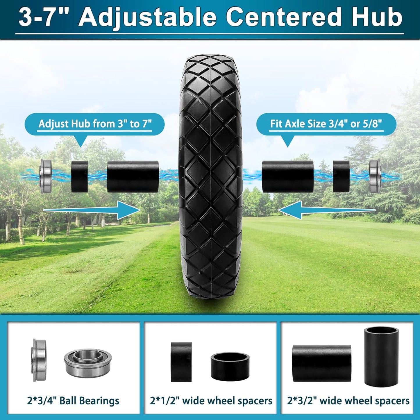 Cenipar 4.80/4.00-8" Flat-Free Tire and Wheel, 16" Solid Wheelbarrow Tires with 5/8" or 3/4" Bearings, 3-7" Centered Hub 4.80/4.00-8 Tire and Wheel for Wheelbarrow Garden Trolley and Wagons(Black)