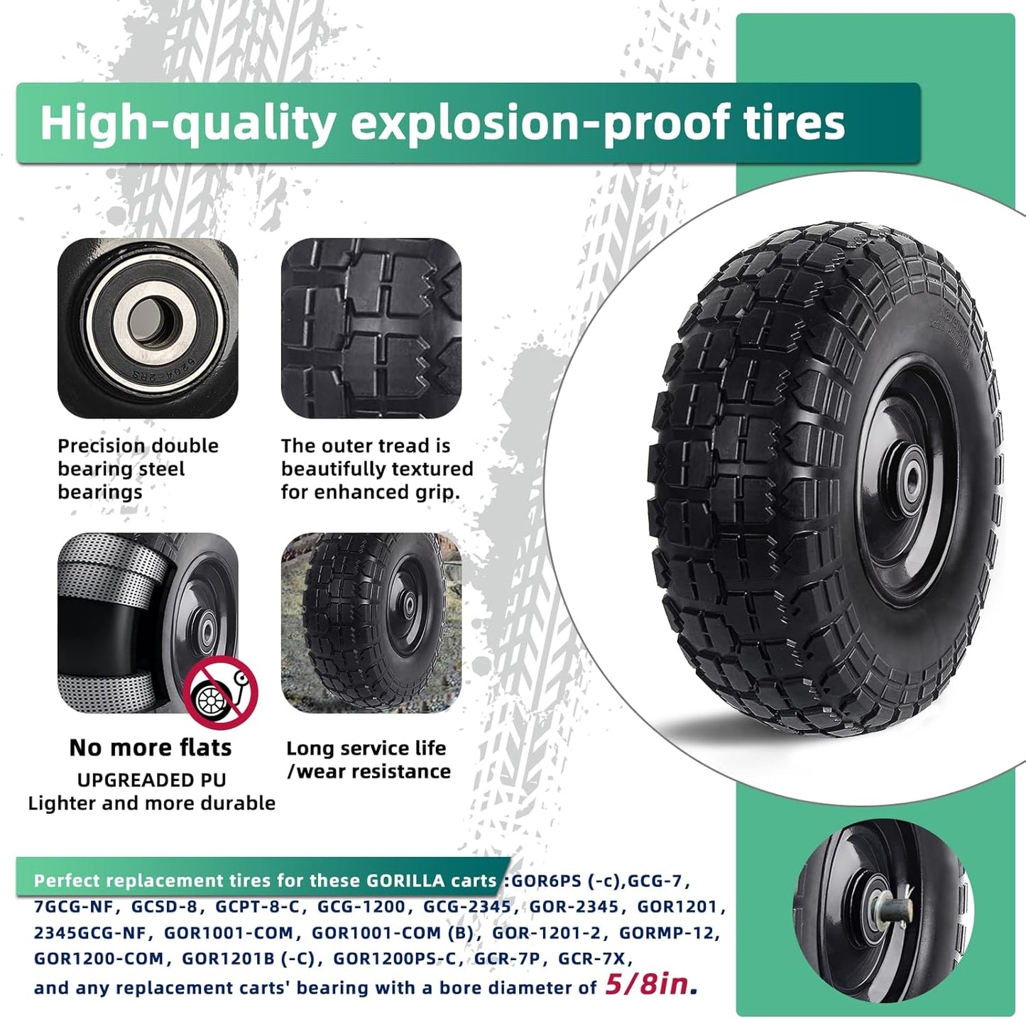 12'' Flat Free Tires Rubber Replacement Solid Tire and Wheel Assemblies for Hand Trucks Garden Cart Wheelbarrow - 3.5”Wide Polyurethane Tires 2.1 Hub with 5/8 Inch Axle Borehole (410/350-6)