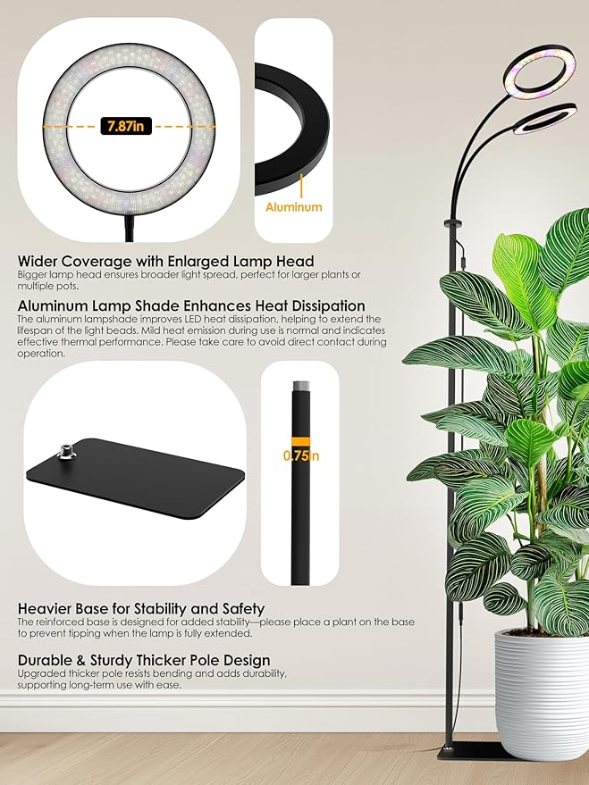 GLOWRIUM Grow Lights for Indoor Plants,Plant Light with 3/9/12/16H Grow Light Timer,2-Head 48W Full Spectrum LED Grow Light, 3 Lighting Mode and Stepless Dimming (Black, 48W)