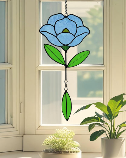 Flower Suncatchers, Stained Glass Window Hangings, Garden Suncatchers for Window and Wall Decor (B-Light Blue)
