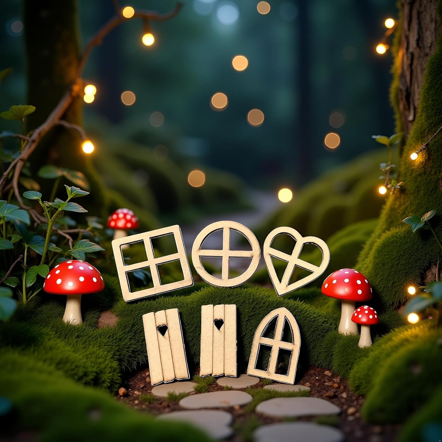 12Pcs Brown Wooden Fairy Garden Door,Blank Doors Fairy House Door and Windows Ornaments Tree Statues for Tree Trunk Yard Decoration Miniature Garden Buildings and Structures