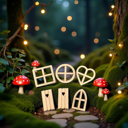 12Pcs Brown Wooden Fairy Garden Door,Blank Doors Fairy House Door and Windows Ornaments Tree Statues for Tree Trunk Yard Decoration Miniature Garden Buildings and Structures