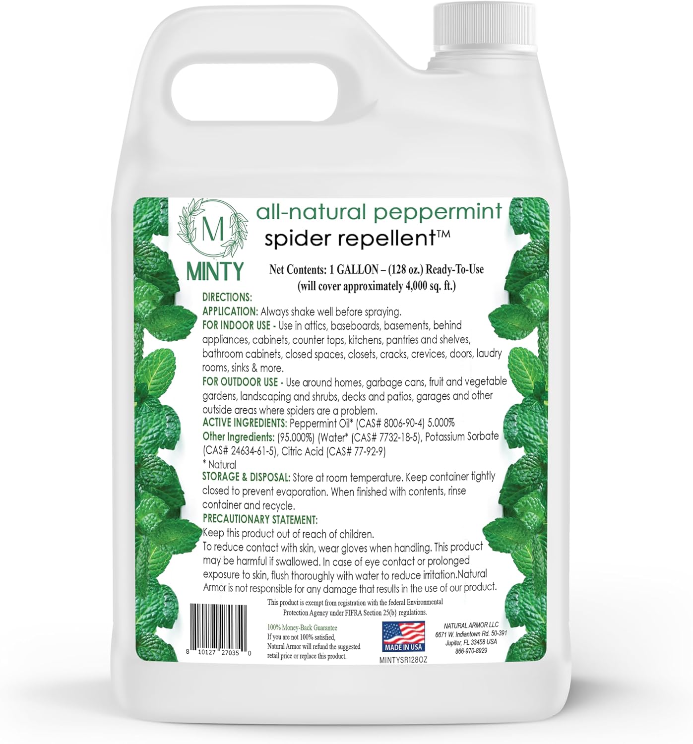 Minty Spider Repellent, Natural 5% Peppermint Oil Spray, Kills & Deters All Types of Spiders and Insects, Indoor and Outdoor Use, 128 fl oz Gallon