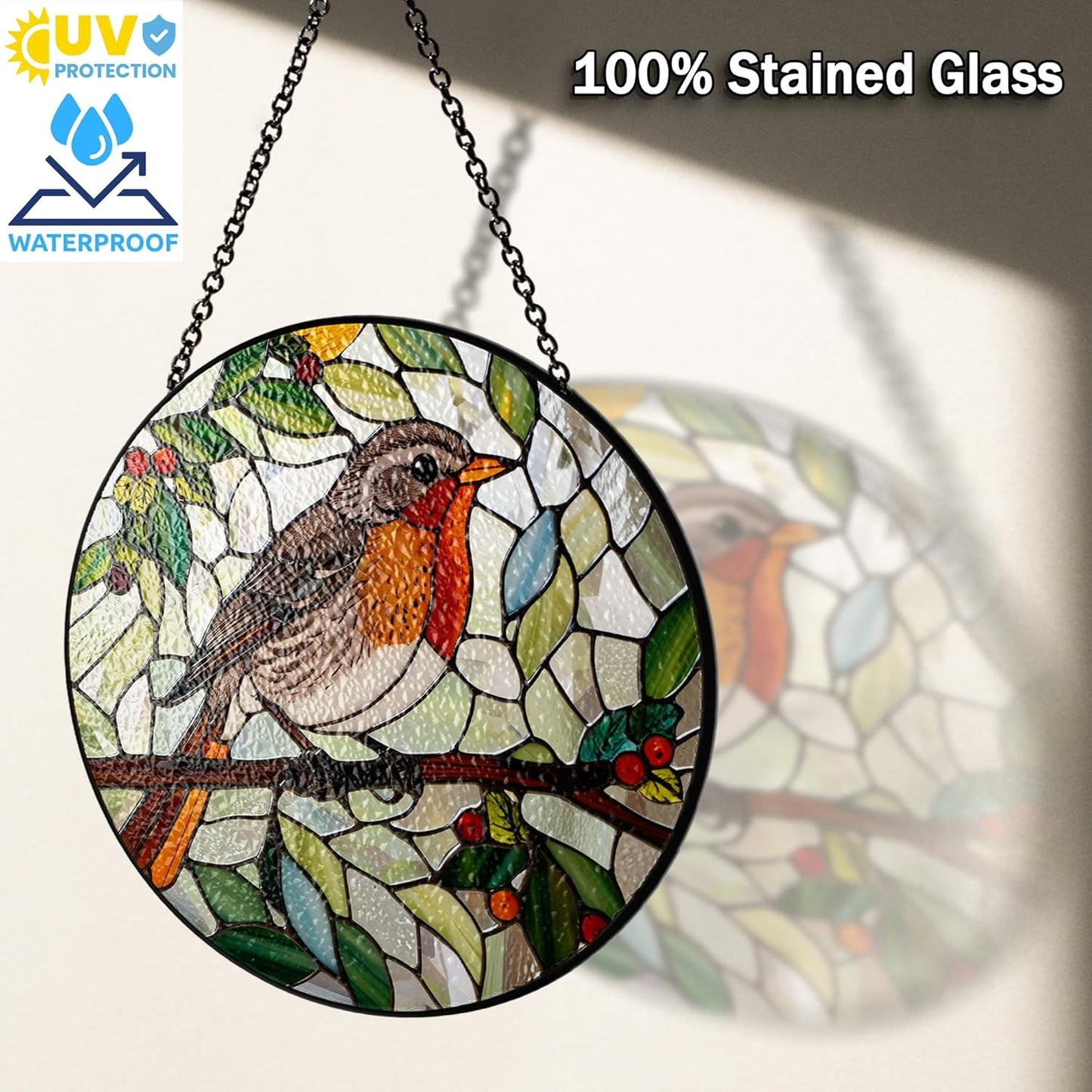 7.8" Robin Stained Glass Suncatcher, Bird for Window Hanging, Suncatcher Art Decor for Home Garden Housewarming, Gift for Mom, Grandma, Women, Friend, Bird Lover BIRD-17B-SG8