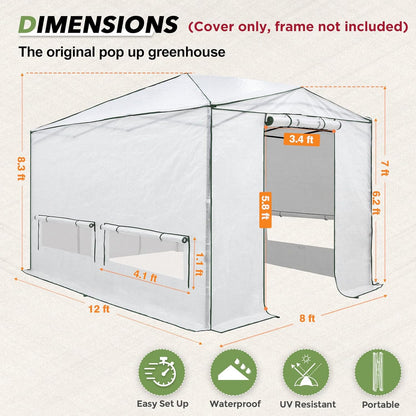 EAGLE PEAK Woven Replacement Cover for 12x8 Portable Walk-in Pop up Greenhouse, Front and Rear Roll-Up Zipper Entry Doors and 4 Roll-Up Side Windows (Frame Not Included), White