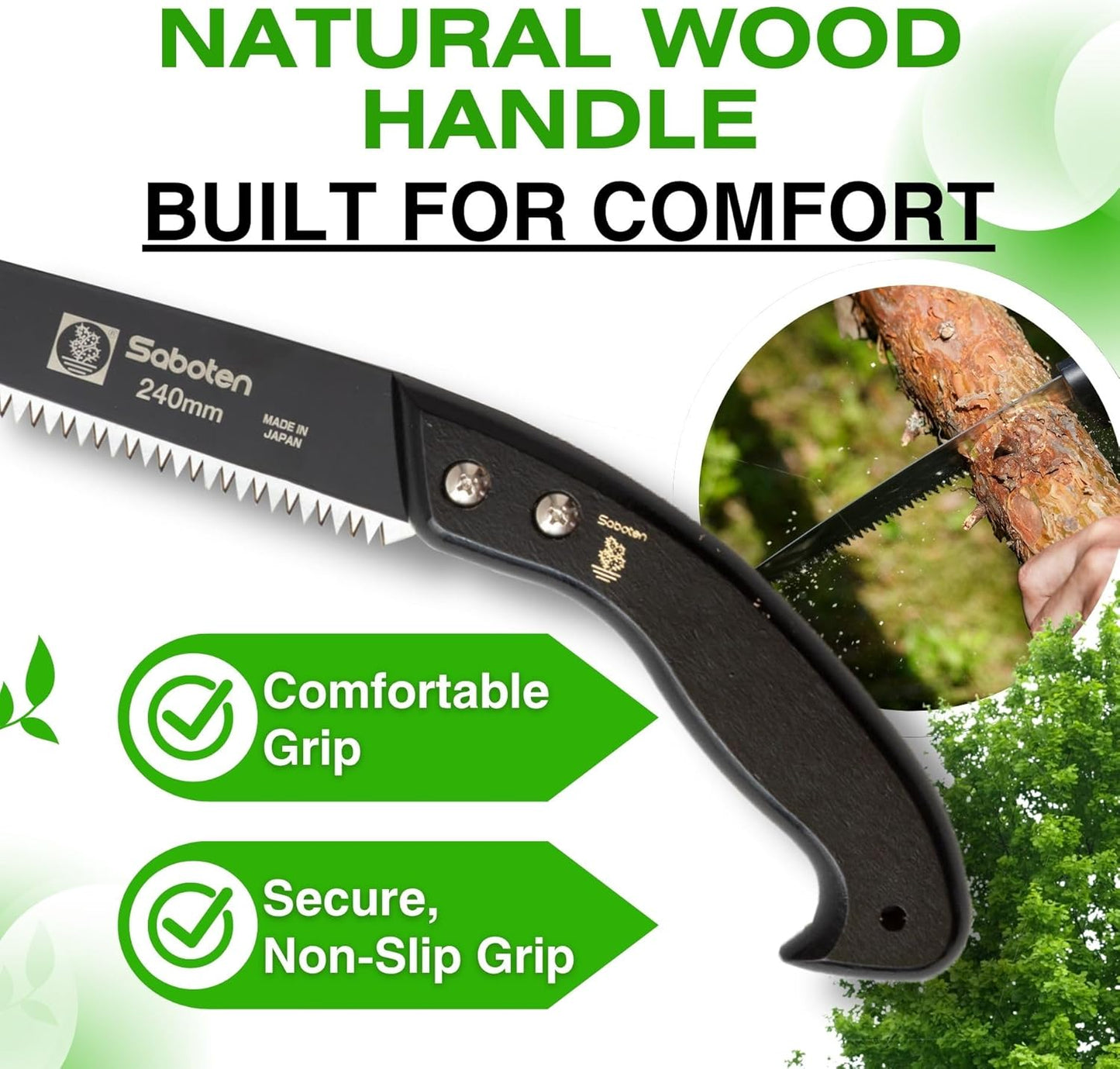 Saboten Japan 9.4" Japanese Pruning Saw – Fluorine-Coated High-Carbon Steel Blade, Traditional Wooden Handle, Precision Pull Cut Tool for Branches – forest Originals, Made in Japan