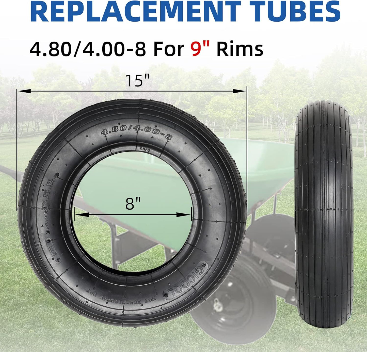 GIGOOL 4.80/4.00-8" Replacement Tire and Inner Tube Set, 2 Pack, 15" Heavy Duty Tire and Wheel, TR-13 Straight Valve Stem, for Wheelbarrow Trolley Dolly Garden Wagon Wheel Replacemen