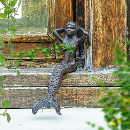 Sungmor Heavy Duty Cast Iron Mermaid Statue - 26CM Tall Sitting Mermaid Figure Ornament - Great Home & Garden Sculpture for Decorate Swimming Pool/Pond/Planter Stands/Book Shelf/Corner Table