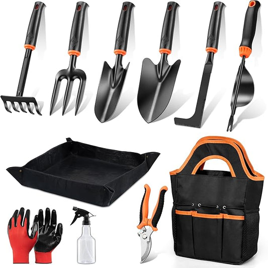 11 Pcs Garden Tools Set, HaSteeL Gardening Supplies Hand Tools Kit for Women Men Gardeners, Include Tote Bag, Reportting Mat, Transplant Trowel, Rake, Pruner for Outdoors