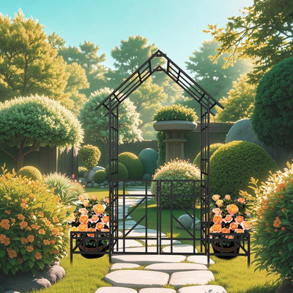 Metal Garden Arch with Gate and Planter 97.24" H Garden Arbor Trellis Climbing Plants Support Rose Arch Outdoor Lawn Wedding Party Events Archway, Black