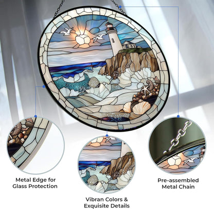 Coastal Lighthouse Stained Glass Sun Catcher Mountain Stained Glass Window Hanging, Suncatchers Lavender Wall Decor, for Women/Friends/Lover
