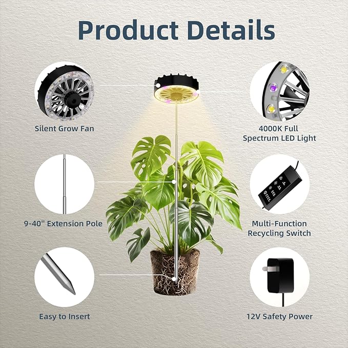 Halo Grow Lights for Indoor Plant, 40'' Height Adjustable Plant Grow Lights with Fan, Full Spectrum Led Plant Lights for Indoor Growing with Timer and 3 Levels Dimmable for Small/Medium Plants,3 Packs