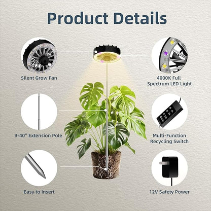Halo Grow Lights for Indoor Plant, 40'' Height Adjustable Plant Grow Lights with Fan, Full Spectrum Led Plant Lights for Indoor Growing with Timer and 3 Levels Dimmable for Small/Medium Plants,3 Packs
