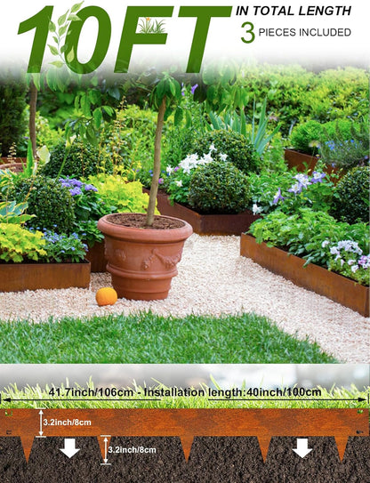 Landscape Edging Border, 40" L x 6" H 3Pack 10FT Total Rusted Corten Steel Garden Edging,Easy Installation,Sturdy Elegant Metal Lawn Broder for Flower Beds, Pathways, Paver Edges and Yard