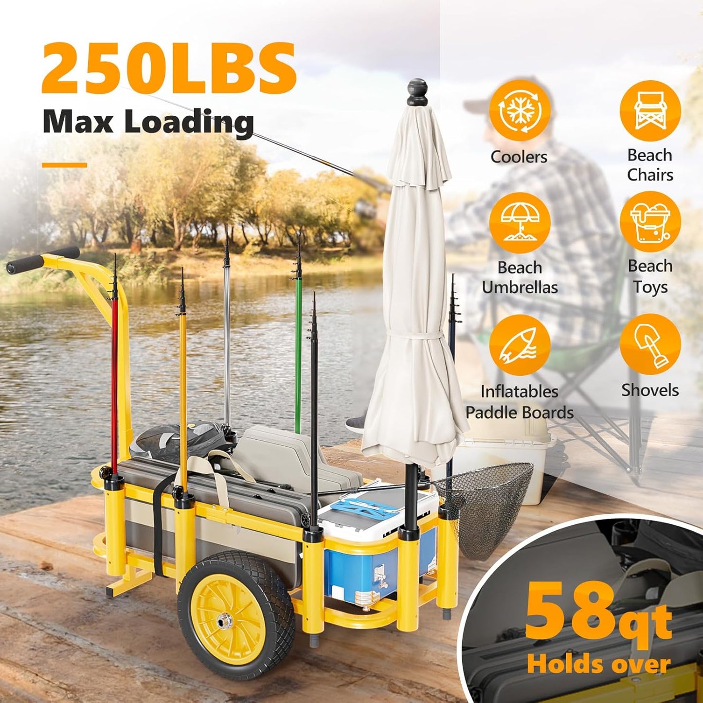 Bonnlo Beach Fishing Cart, Beach Wagon Trolley with 12" Big No-Flat Airless Tires, Foldable Beach Trailer with Large 36" x 16" Cargo Basket, 250 lbs Load Capacity, 7 Fishing Rods Holder