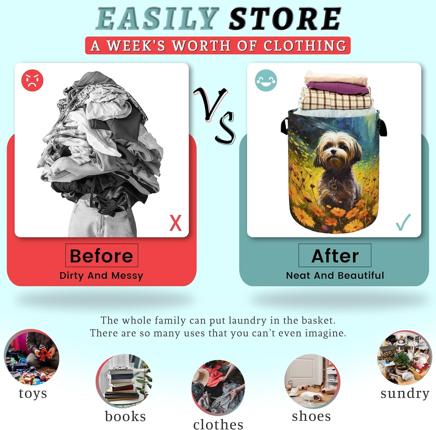 Watercolor Yorkie Laundry Basket Foldable With Handles Cute Dog Flowers Tote Bag Oxford Cloth Animal Dogs Laundry Hamper Clothes Toy Storage Bucket For Bathroom/Laundry/Bedroom 18.9"x16.5 "