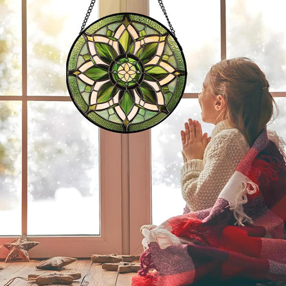 Stained Glass Window Hanging - White Green Boho Flower Suncatcher for Doors Window Home Sun Catchers Decor Christmas Mother's Day Birthday Gifts for Teacher Women Men Mom Nana 6.3 in
