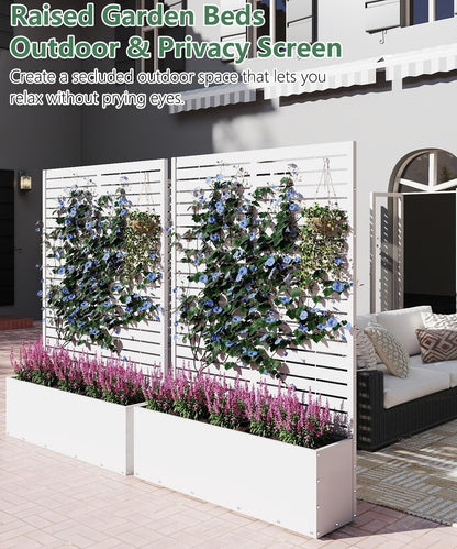 Metal Planter Box with Trellis,70.9"x47.2"x15.7" Raised Garden Bed with Drainage Holes, Privacy Planters for Outdoor Garden Bed for Climbing Plants,Vegetables,and Vines, White-louvered
