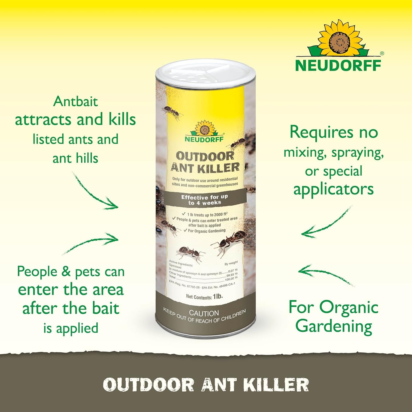 Neudorff Outdoor Ant Killer, Ant Bait Granules 1 lbs Treats up to 2,000 sq. ft. & Lasts up to 4 Weeks, Home Perimeter Treatment for Organic Gardening, Insect Bait Attracts and Kills (1 lb)