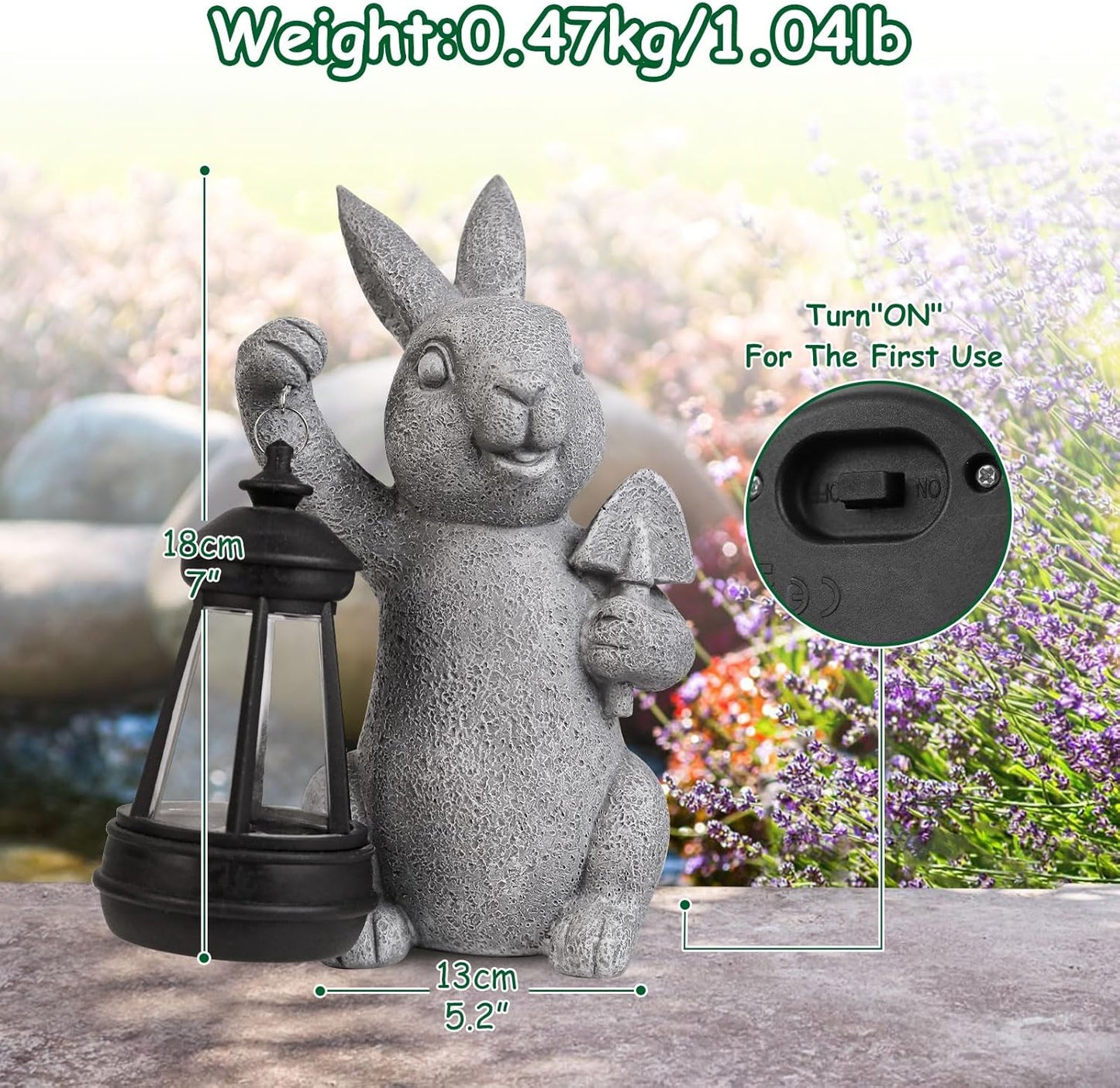 Rabbit Statue Garden Ornaments Art Outdoor Decoration with Solar Powered LED Lights Decor for Patio,Balcony,Yard, Mum Birthday Gifts, Garden Gifts for Women