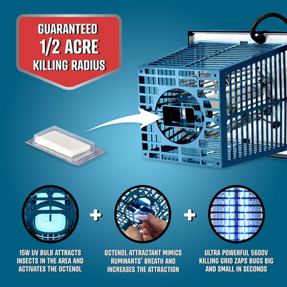 Flowtron Electric Bug Zapper 1/2 Acre Outdoor Insect Control with Dual Lure Method, 15W UV Light & Octenol Attractant for Fly & Mosquito, 5600V Kill Grid, Made in USA, UL Certified - Blue Color